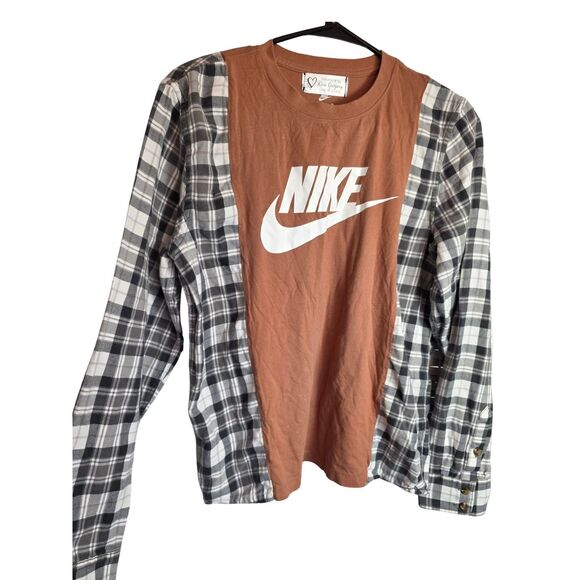 Nike Other - Reworked Nike Upcycled Plaid Flannel Mixed Media Graphic T-Shirt Long Sleeve M